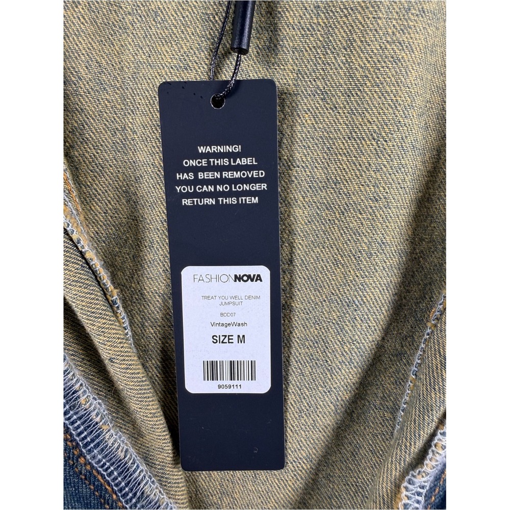 Fashion Nova Treat You Well Vintage Wash Denim Jumpsuit Green Yellow Medium NEW - Picture 5 of 10
